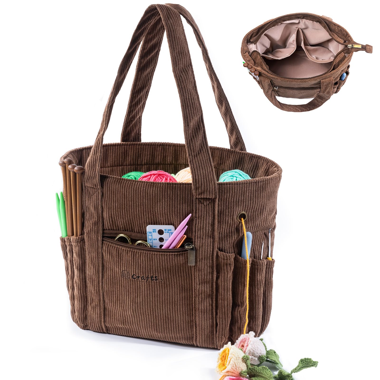 Large Yarn Tote Organizer – Corduroy Knitting Storage Holder for Yarn, Hooks & A
