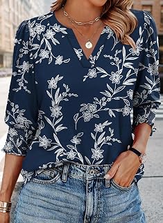 Women 3/4 Sleeve Casual Dress Blouses V Neck Tops with Smocked Cuffs