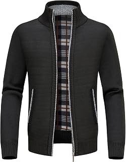 KUDORO Men's Knitted Cardigan Full Zip Thick Warm Fleece Lined Winter Sweater