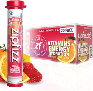Zipfizz Energy Drink Powder, 20 Pack Electrolyte Mix with B12 - Fruit Punch | Hydration tubes with vitamin drink benefits, 100mg caffeine, B12, electrolytes, & naturally flavored for active lifestyle