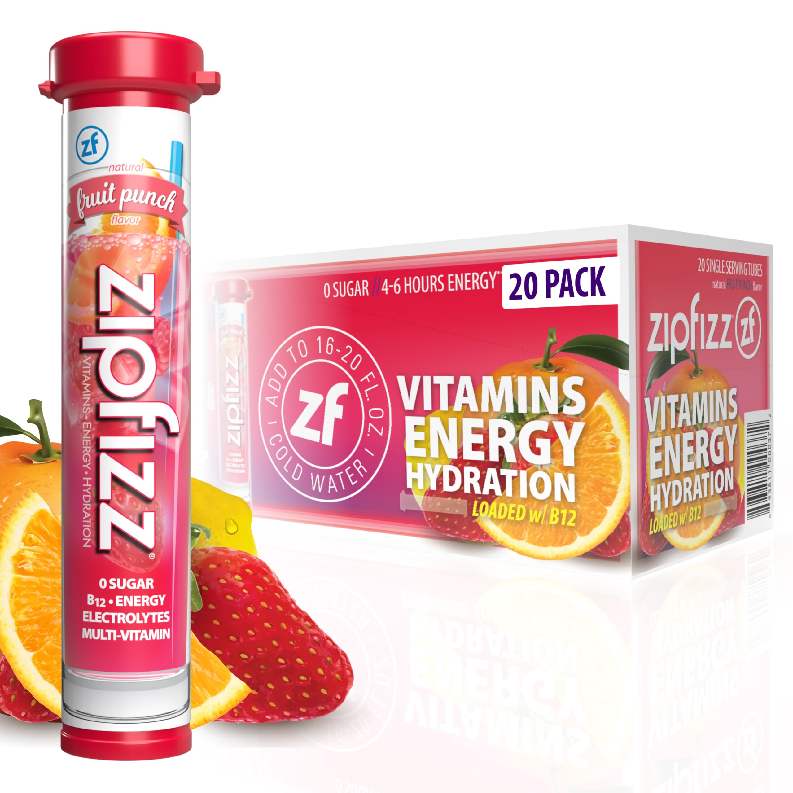 Zipfizz Energy Drink Powder, 20 Pack Electrolyte Mix with B12 - Fruit Punch | Hy