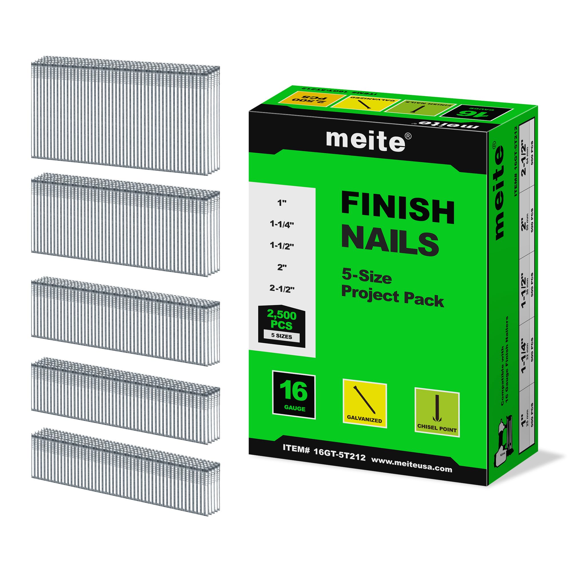 meite 16 Gauge Finish Nails 5 Sizes Galvanized Straight T-Nails 2,500PCS | 1" 1-