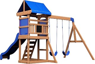 Backyard Discovery Aurora Cedar Wooden Swing Set – Outdoor Kids Playset with Slide, Belt Swings, Clubhouse Fort & Chalkboard, Ages 3–6, Backyard Play Structure