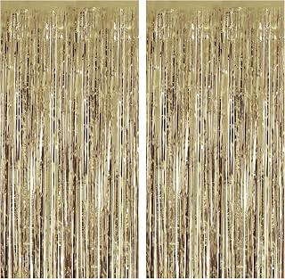 Entisn Champagne Foil Fringe Curtains 2Pk, Tinsel Backdrop, Party Decor