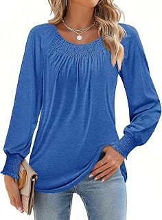 Chulianyouhuo Womens Long Sleeve Tops Spring Pleated Shirts Puff Sleeve Scoop Neck Blouse Ruffle Cuffs Dressy Casual Tunic