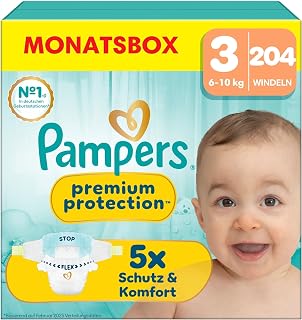 Pampers Baby Nappies Size 3 (6-10 kg) Premium Protection, Midi, Monthly Box, Best Comfort and Protection for Sensitive Skin, Pack of 204