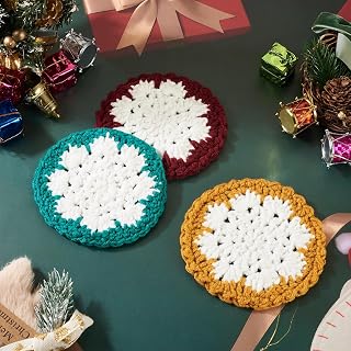 3 Pcs Round Macrame Coasters with Snowflake Polyester Hand Woven Mugs Christmas Theme Coasters Home Decor Table Protector Gift
