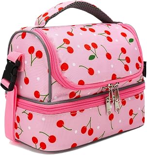 FlowFly Double Decker Cooler Insulated Lunch Bag Large Tote for Boys, Girls, Men, Women, with Adjustable Strap,Cherry