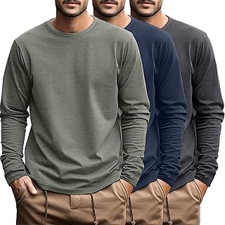 Ficerd 3 Pack Men's Plus Size T Shirts, Cotton Long Sleeve T-Shirts, Round Neck and Oversized Tops