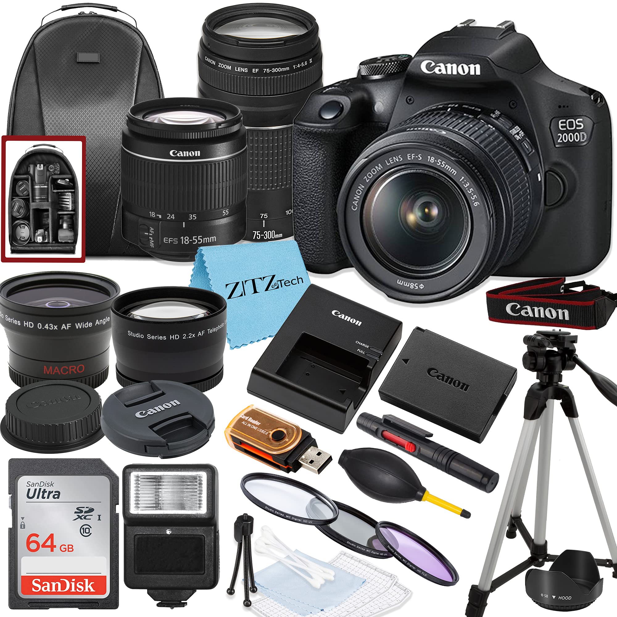 Canon EOS 2000D / Rebel T7 DSLR Camera with EF-S 18-55mm + EF 75-300mm Daul Lens