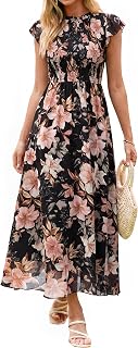 BerryGo Womens Boho Floral Maxi Dress Ruffle Sleeve Chiffon Flowy Wedding Guest Dress Smocked Waist Modest Western Dress