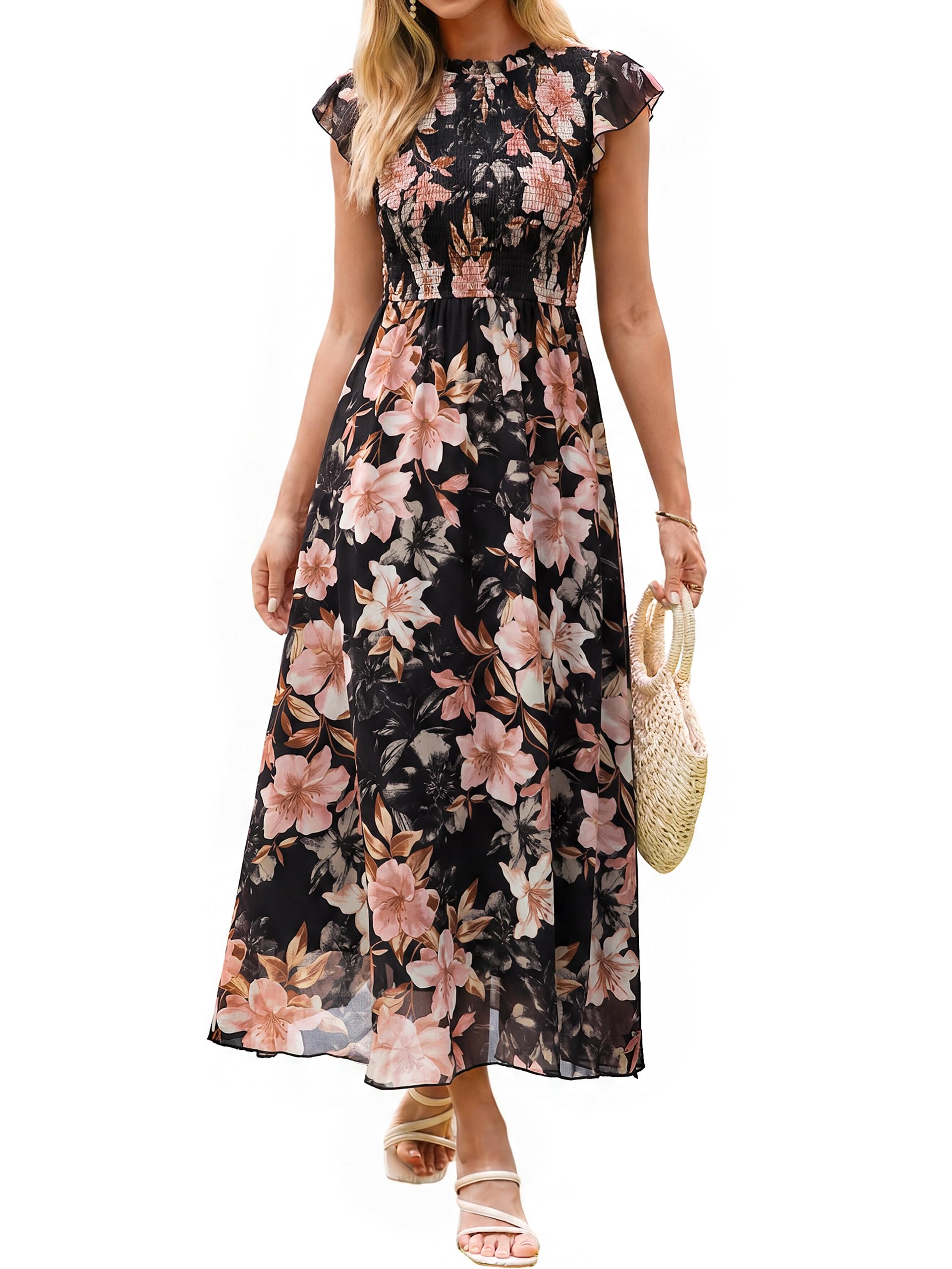 BerryGo Womens Boho Floral Maxi Dress Ruffle Sleeve Chiffon Flowy Wedding Guest 