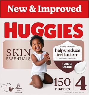 Huggies Skin Essentials Diapers Size 4, 150 Count (6 Packs of 25) | Zinc Oxide Enriched Liner, Rash Protection, Breathable Outer Cover, No Harsh Irritants, Dermatologist Tested