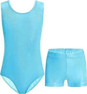 Nymphperi Girls Gymnastics Leotards 2 Pieces Sleeveless with Shiny Breathable Shorts