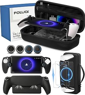 Foluck 4 in 1 Carrying Case for PlayStation Portal Remote Player, PS Portal | Waterproof Hard Case, Soft Silicone Protective Cover, Tempered Glass Screen Protectors, Anti-Slip Thumb Grip Caps