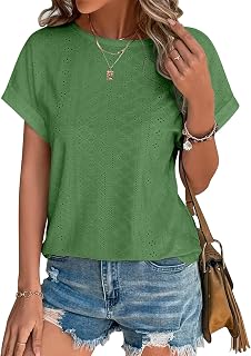 Bliwov Fashion Women Short Sleeve T Shirt with Curved Hem and Embroidery Eyelet Top for Summer Autumn
