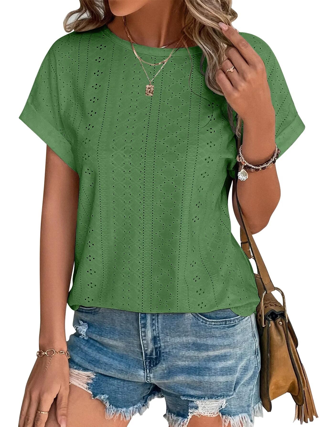 Bliwov Fashion Women Short Sleeve T Shirt with Curved Hem and Embroidery Eyelet 