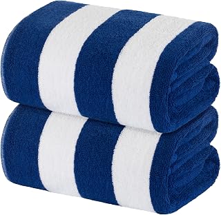 White Classic Stripe Cabana Beach Towels Oversized 2 Pack, 35x70, Navy Blue | 500 GSM 100% Premium Cotton, Extra-Large Beach Towel, Super Absorbent, Quick Dry, Thick and Plush Pool Towels