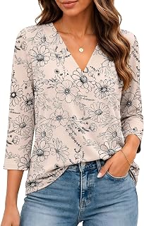 Bliwov レディース 七分袖 Vネック トップス ルーズフィット Tシャツ カジュアル ブラウス