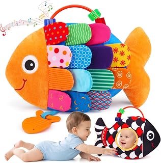 Baby Sensory Toys 0-6 Months Musical Tummy Time Stuffed Plush Flip Fish Toy | High Contrast Newborn Toys 0-3-6-12 Month with Mirror Crinkle Rattle Teether for 2 3 4 5 6 Month Infant Girl Boy Shower Gift