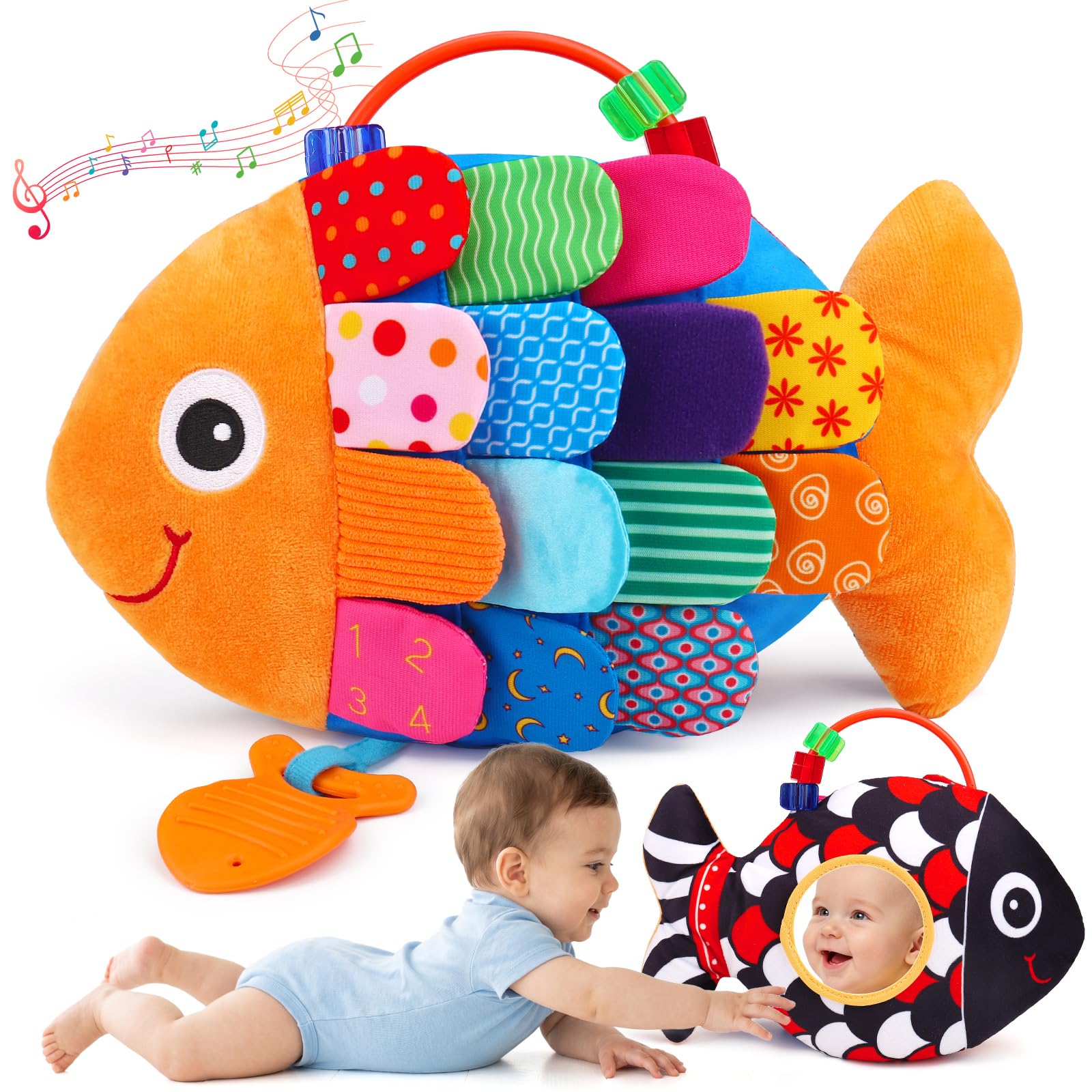 Baby Sensory Toys 0-6 Months Musical Tummy Time Stuffed Plush Flip Fish Toy | Hi