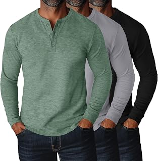 Ficerd 3 Pack Men's Plus Size Long Sleeve Loose Fit Cotton Blend Henley Tops
