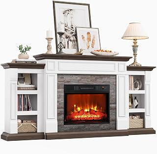Naice 72" Electric Fireplace with Mantel Fireplace TV Stand for Living Room | Entertainment Center with 23in Realistic Flame Fireplace Heater, Reallike Stacked Stone Surround and Cabinet, White&brown