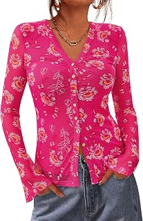 BTFBM Chemise boutonnée pour femme - Mode automne 2025 - Col en V - Manches longues - En maille froncée - Imprimé floral - Haut bohème
