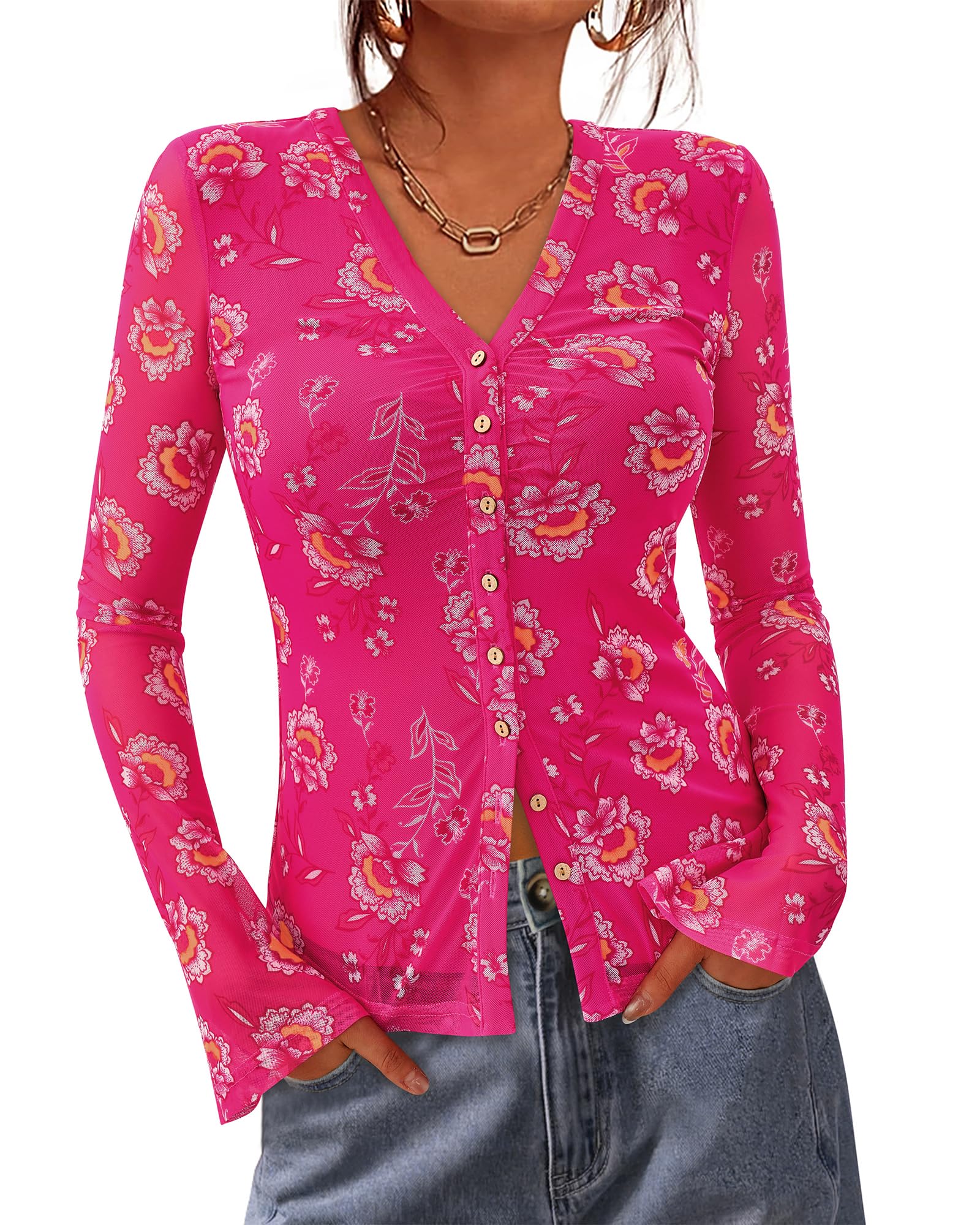 BTFBM Chemise boutonnée pour femme - Mode automne 2025 - Col en V - Manches long