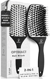 Boar Bristle Hair Brush Women | Curved-Vented Soft Paddle Brush for Thick Hair | Fine & Curly Hair | Boar Bristle Brush for Smooth & Shiny Hairs | Men, Women & Kids Hairbrush (Medium-White)