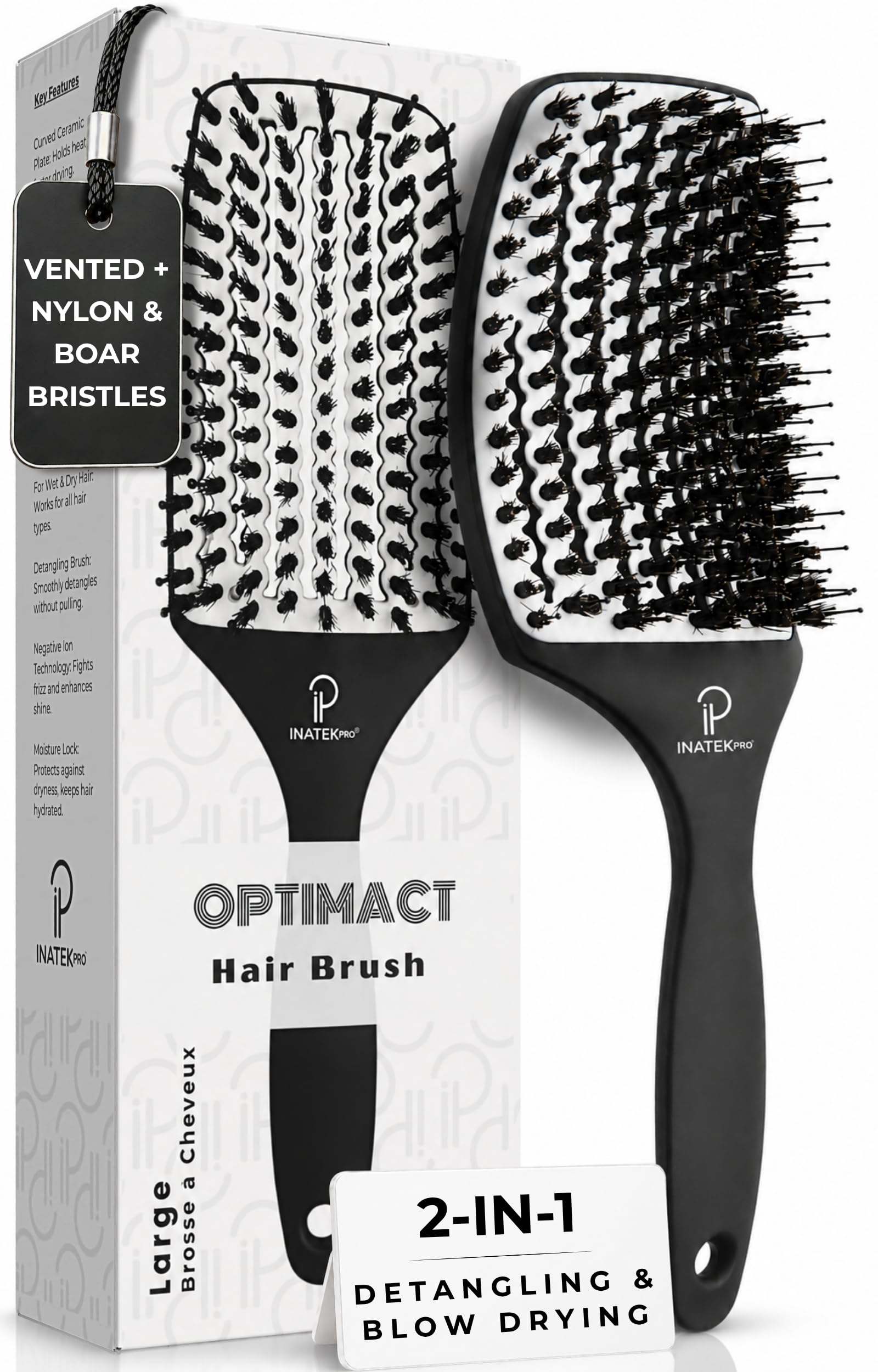 Boar Bristle Hair Brush Women | Curved-Vented Soft Paddle Brush for Thick Hair |