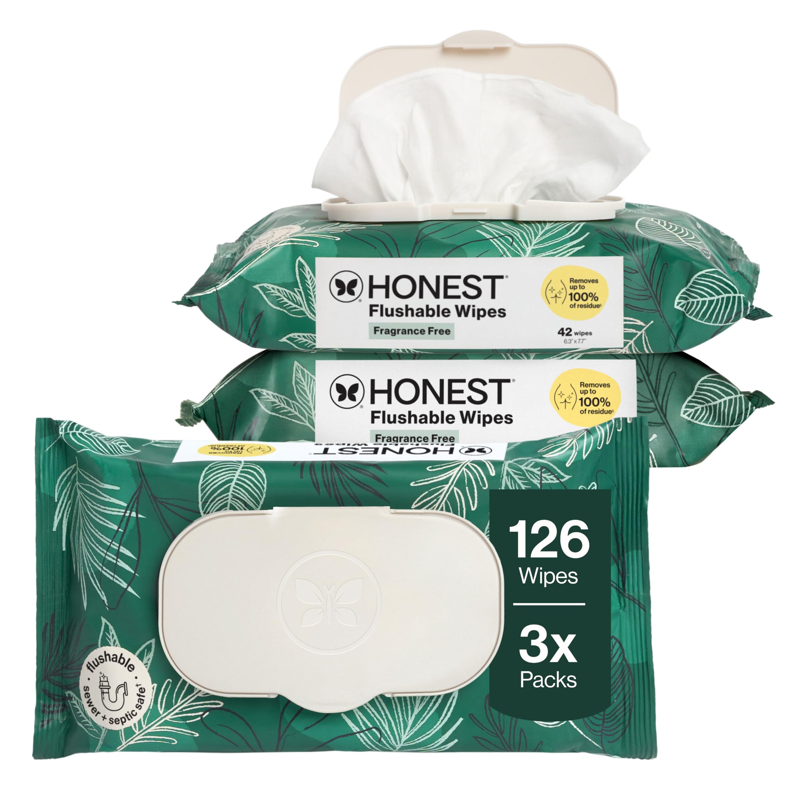 The Honest Company Flushable Wipes, Hypoallergenic, Tropical Leaves, 126ct | Flu