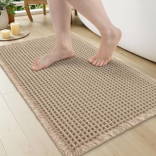 OLANLY Extra Soft Boho Waffle Bath Mat, 17x24, Brown | Non Slip Bathroom Mat, Super Absorbent Bathroom Rug, Quick Dry Machine Washable Bath Mats for Bathroom Floor, Tub and Shower