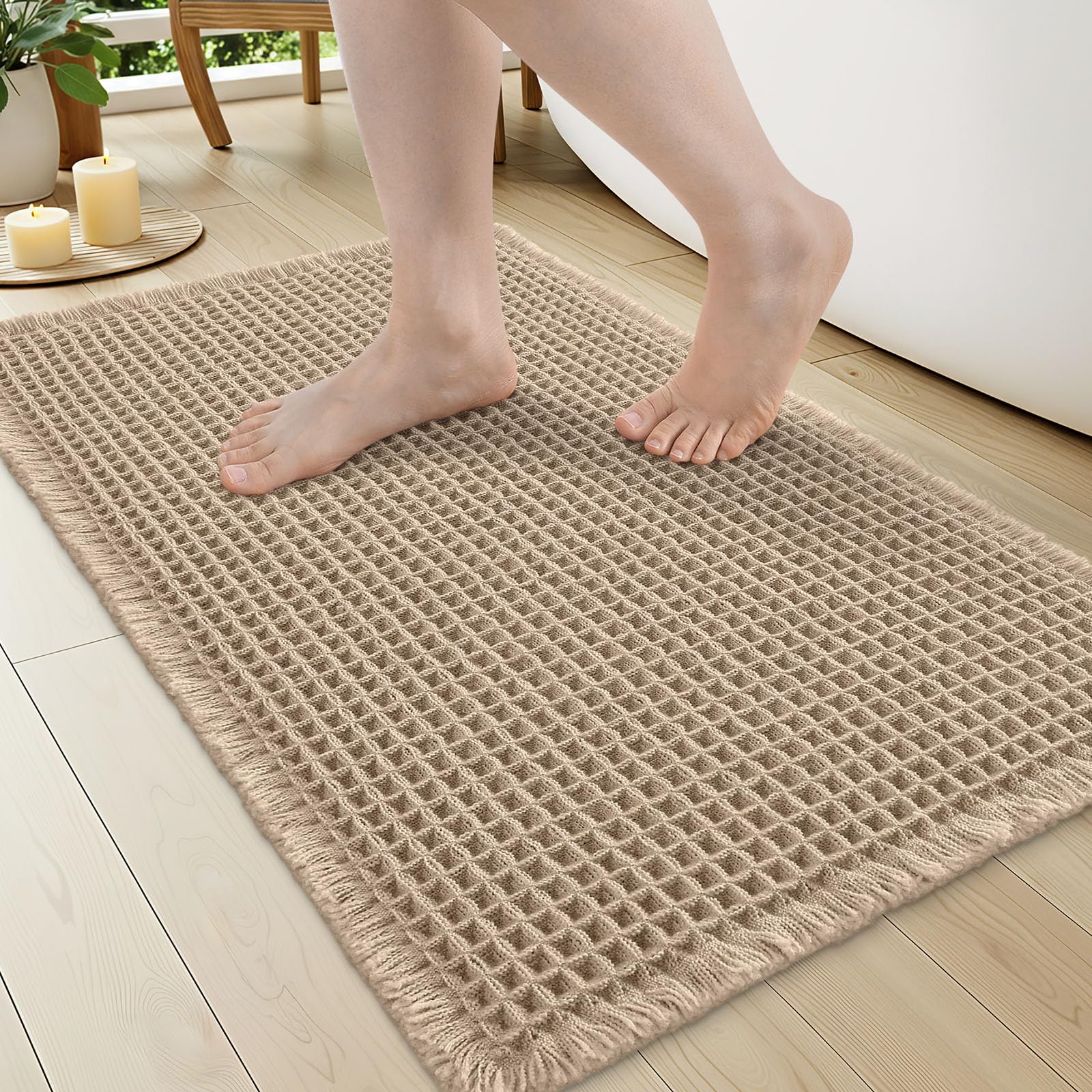 OLANLY Extra Soft Boho Waffle Bath Mat, 17x24, Brown | Non Slip Bathroom Mat, Su