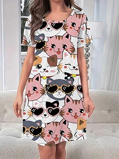 Women Nightgown Printed Short Sleeve Nightdress Nightdress Loose Nightdress Home Wear Summer Nightgown