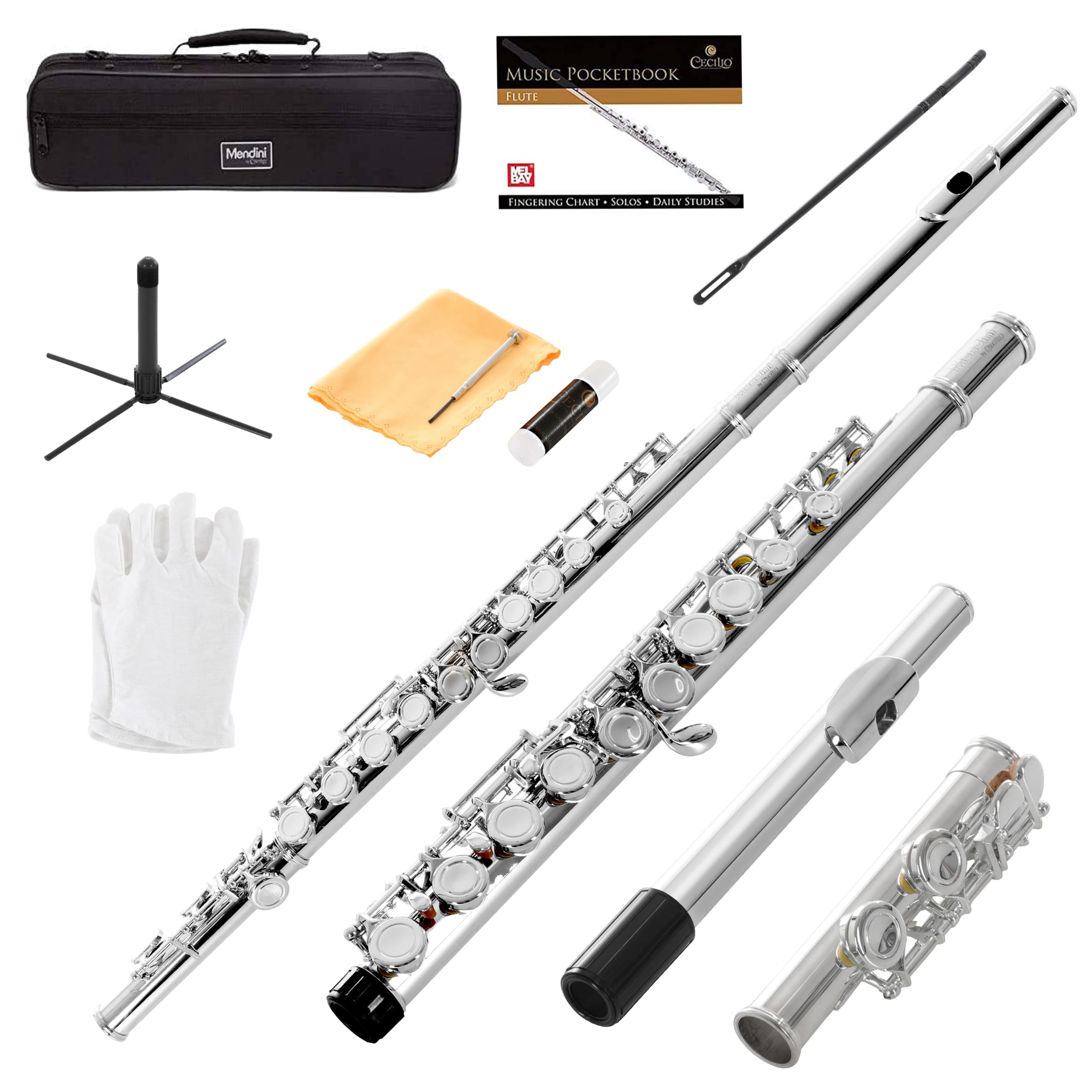 Mendini by Cecilio 16 Keys Closed Hole C Flute Kit for Beginners - Nickel | Begi