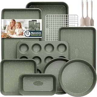 12-Piece Nonstick Baking Set, Non-Toxic Bakeware Set - Ceramic Coated Green | With Baking Sheet, Cake Pan, Square Pan, Loaf Pan, Roasting Pan, Muffin Pan, Cookie Sheet, Cooling Rack & Kitchen Utensilss