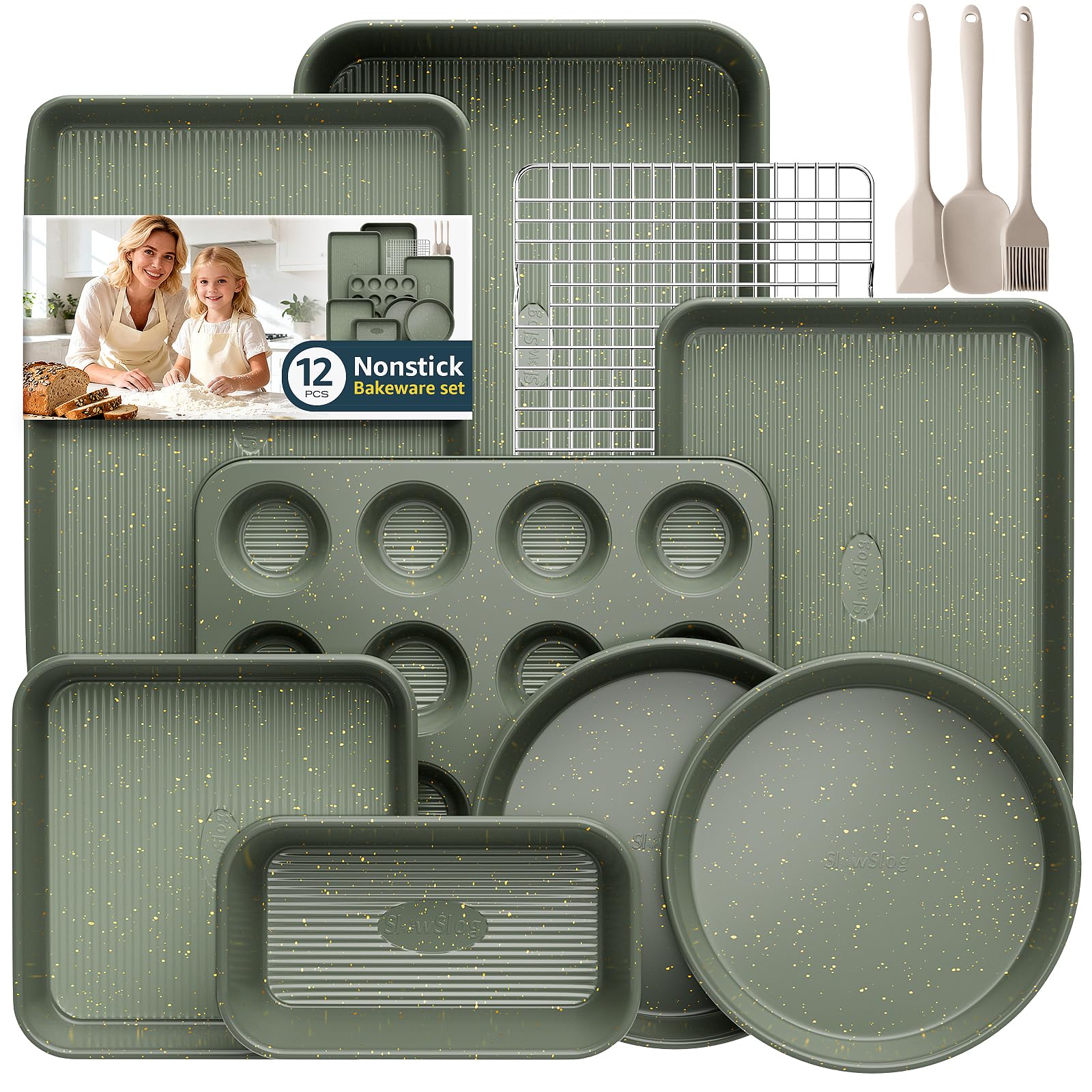 12-Piece Nonstick Baking Set, Non-Toxic Bakeware Set - Ceramic Coated Green | Wi