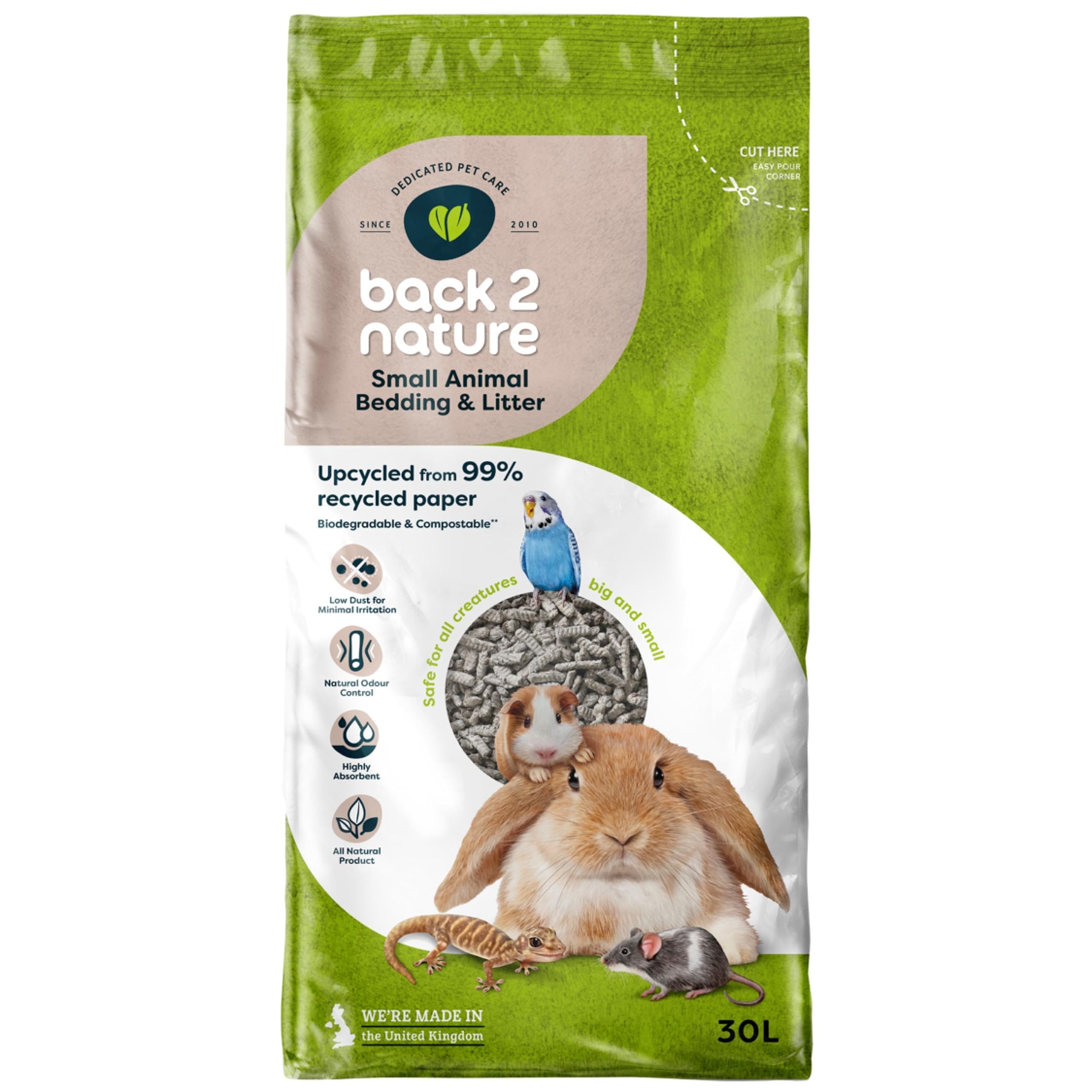 Back2Nature Small Animal Bedding (30L) - Non-Toxic Recycled Paper | 99% Recyced 