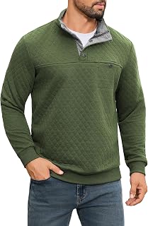 URRU Sweat-shirt matelassé contrasté pour homme, col montant, manches longues, quart de boutonnage, pull d'automne