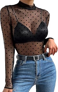 Avidlove Women Mesh Top Long Sleeve Transparent Shirt Mock Neck Blouse Clear Clubwear Party XS-XXL