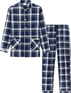 MoFiz Mens Pajama Set Soft Cotton Button Down Notched Collar Pjs Long Sleeve 2 Piece Sleepwear Lounge Nightwear with Pocket