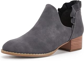 FISACE Women's Almond Toe Low Heel Western Ankle Boots Faux Leather Side Zipper Winter Shoes