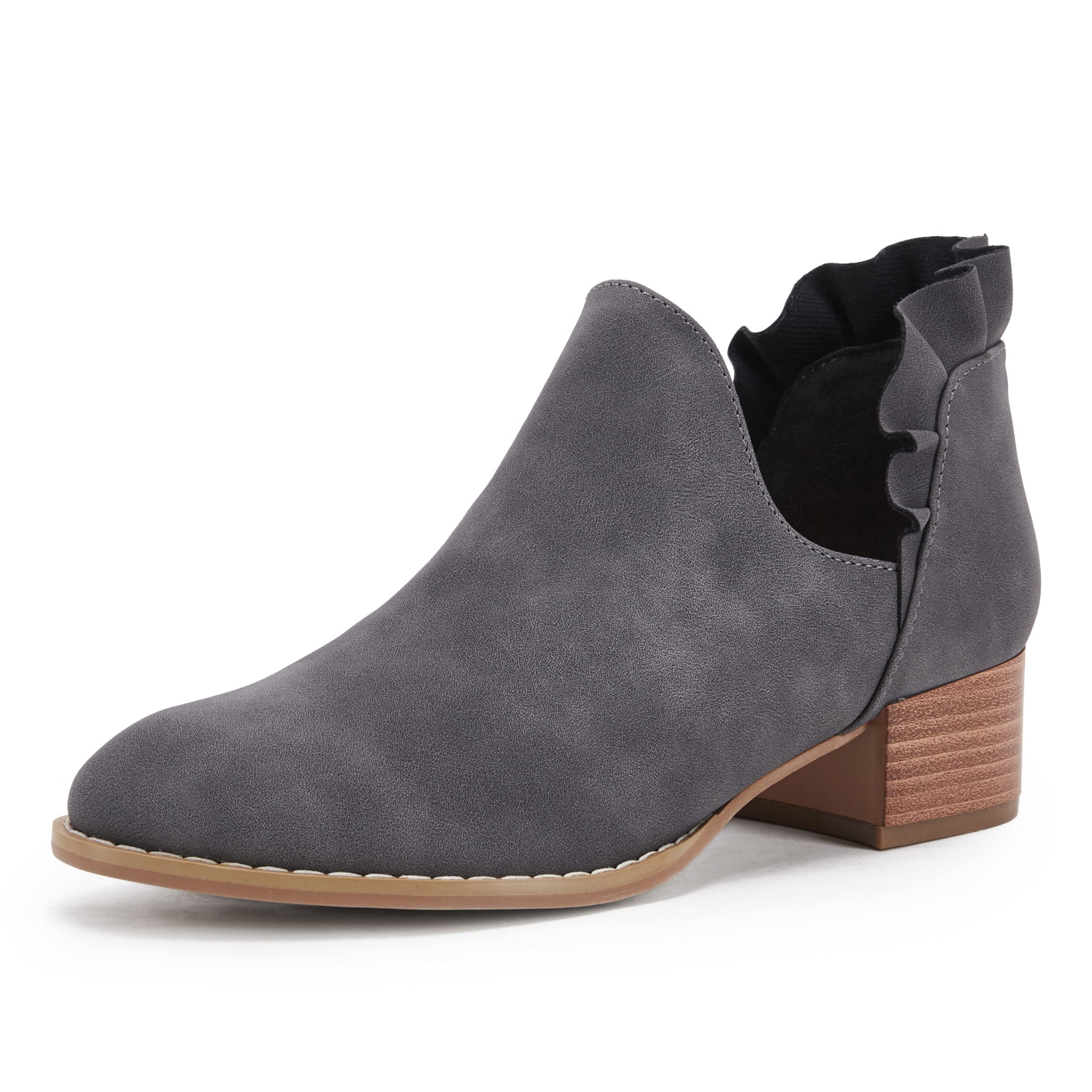 FISACE Women's Almond Toe Low Heel Western Ankle Boots Faux Leather Side Zipper 