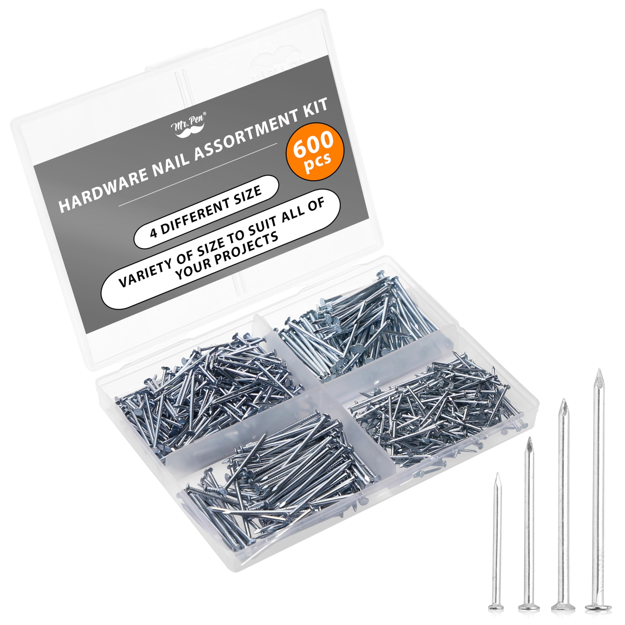 Mr. Pen- Nail Assortment Kit, 600 pcs, 4 Sizes, Silver Picture Hangers | Small N