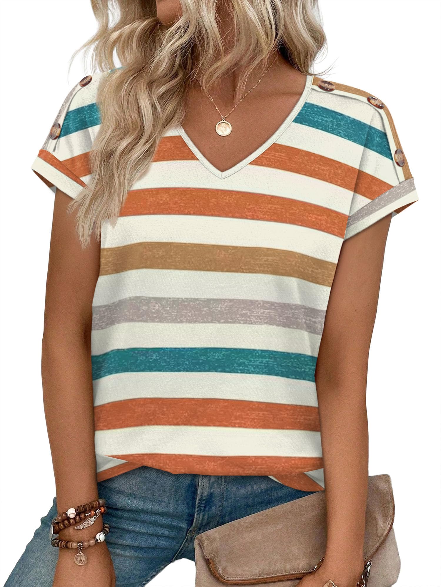 XIEERDUO Womens Tops Summer Floral Printed Short Sleeve Shirts with Buttons V Ne