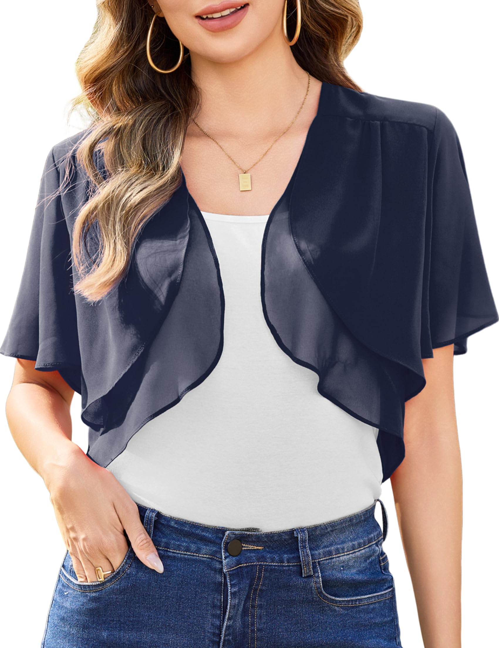 Aottori Women's Short Sleeve Flare Short Cut Summer Chiffon Shrug
