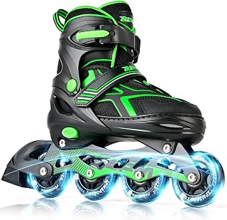 2PM SPORTS Adjustable Inline Skates for Kids, Youth and Adults | beginner friendly; triple closure; light-up wheels; ABEC-7 bearings; Arch support; 2 non-woven bags