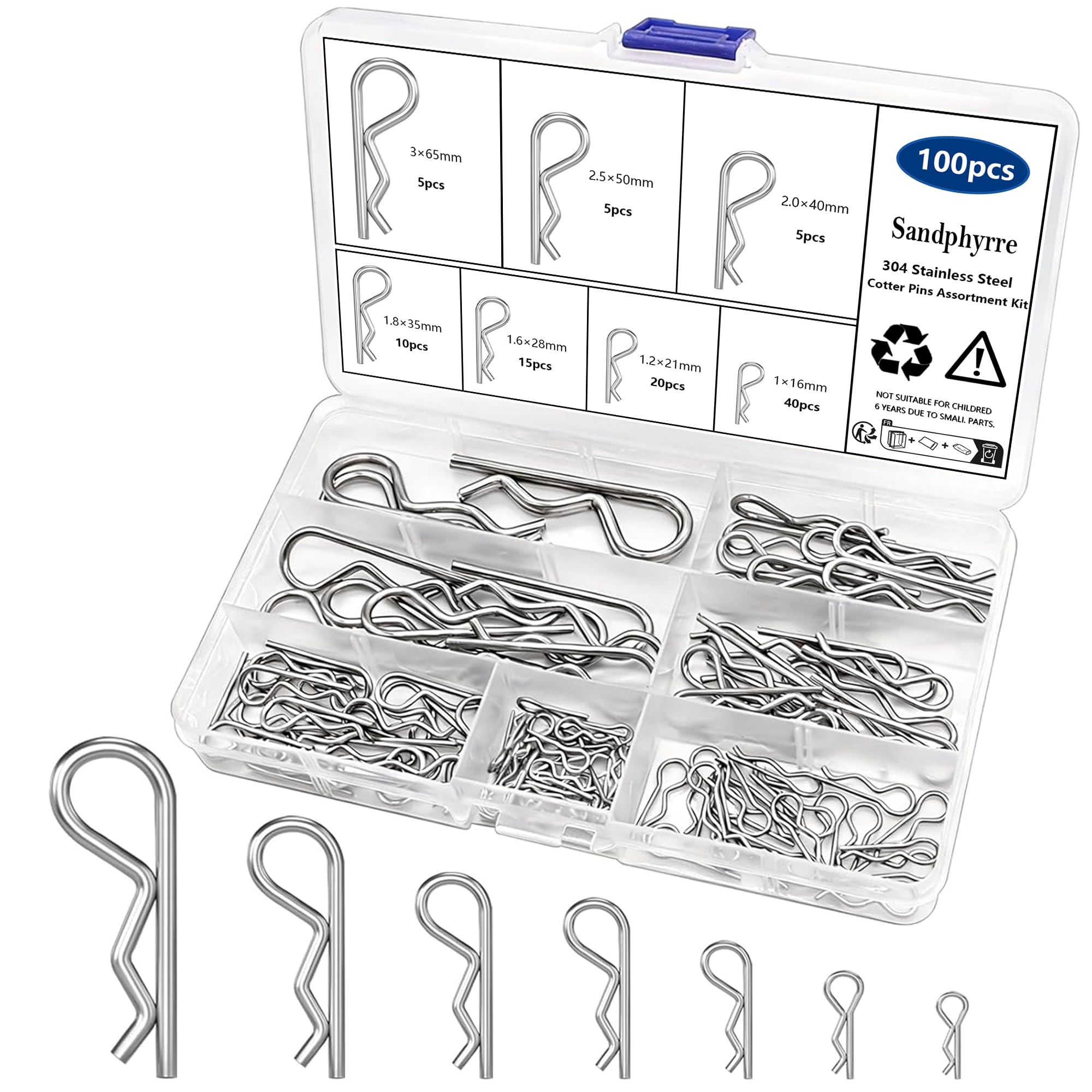 Sandphyrre Cotter Pins Assortment Kit, 304 Stainless Steel R Clips, Split Pins, 