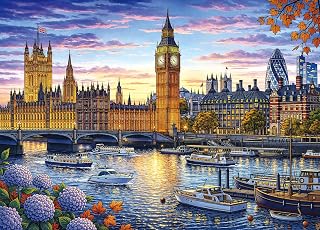 PQIKTUV 1000 Piece Jigsaw Puzzle for Adults, London Sunset Cityscape | with Big Ben & Thames River, Impossible Puzzle, Storage Bag, Nature Landscape Puzzle for Wall Decor & Gifts (27.56x19.7 Inch)